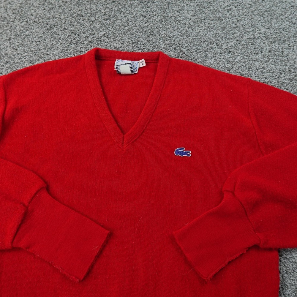 VTG‎ Izod Lacoste Sweater Mens M Red Orlon Acrylic Knit V Neck Croc Grandpa 80s